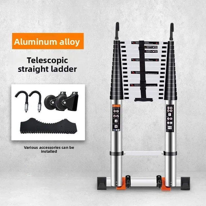 Single-sided telescopic ladder, aluminum alloy household bamboo ladder with hook and wheel lift attic ladder Durable