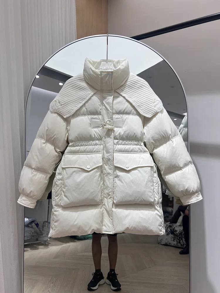

Knitted shawl design niche down jacket women 2025 mid to long style cow horn buckle and large pocket white duck down coat