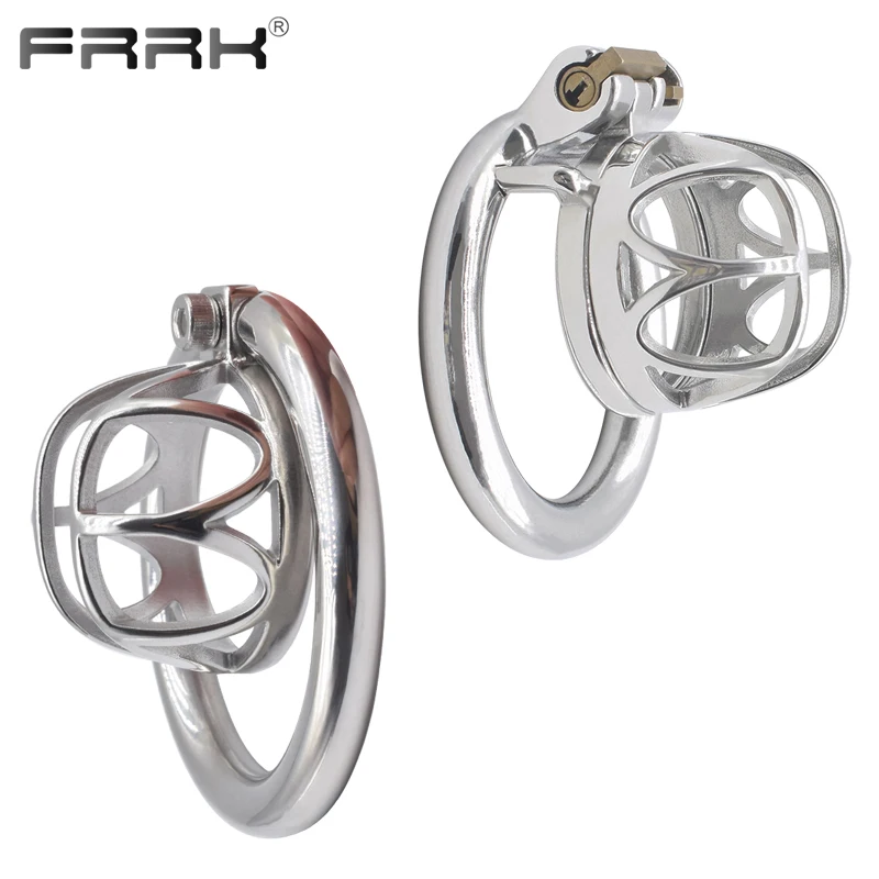 FRRK B Word Small Cock Cage Metal Chastity Device Lock with Harness Belt for Couple Adults Sex Toy BDSM Play Steel Penis Ring