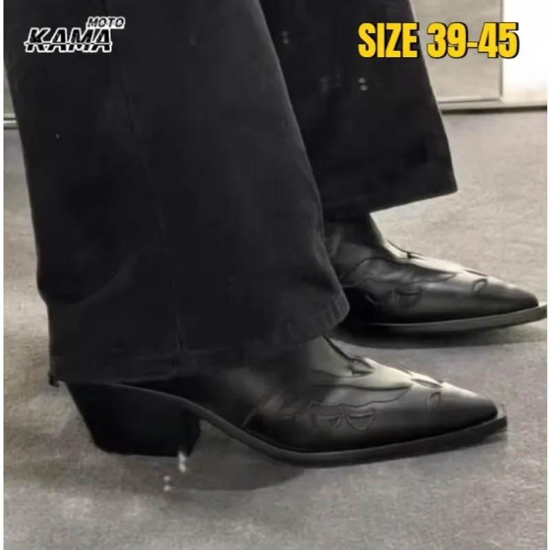 Retro Bla Embroidered Totem Chelsea ort Boots Men's Rough Heel Ear Decoration Western Cowboy Boots arp Pointed Toe