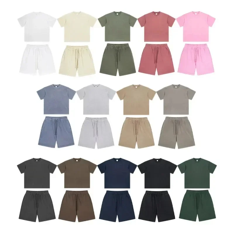 ACOMOSON High Quality Unisex 250G Cotton Tshirt Set Washed Worn Dyed Shorts and Tshirt Set Fashion Brand Men Women Suits