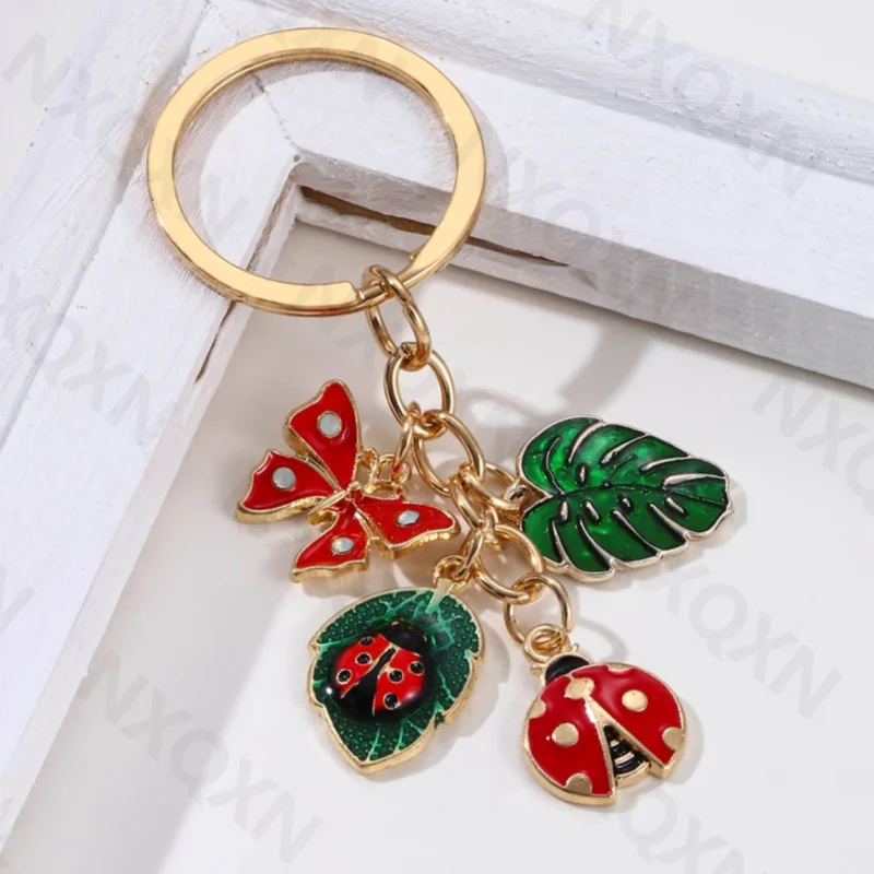 Cartoon Big Leaves Butterfly Ladybug Enamel Keychain Insect Plant Key Ring For Women Men Lovely Gift Handmade Jewelry Set