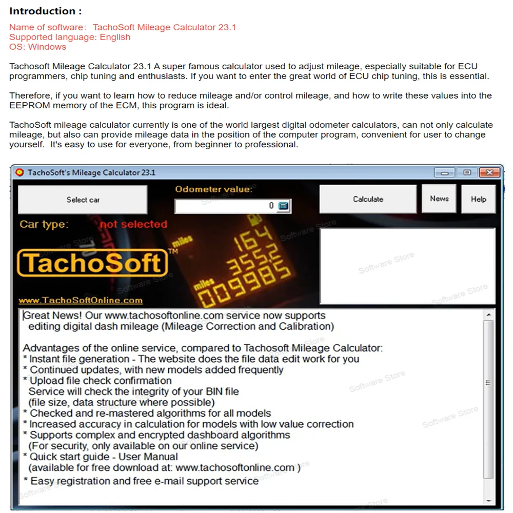 TachoSoft Mileage Calculator 23.1 Software to Reduce mileage more than 2500 kinds of car mileage calculation EEPROM ECM