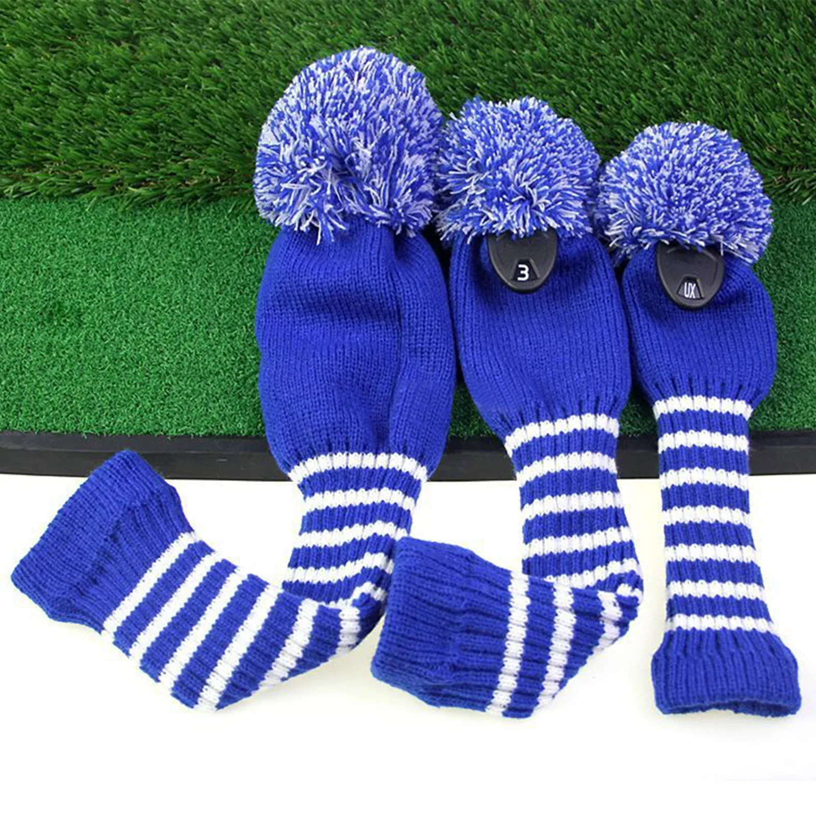 Seamless Golf Club Head Covers 3PCS Set - Knitted Striped Pattern Headcover for 1 3 Driver Fairways Hybrids UT