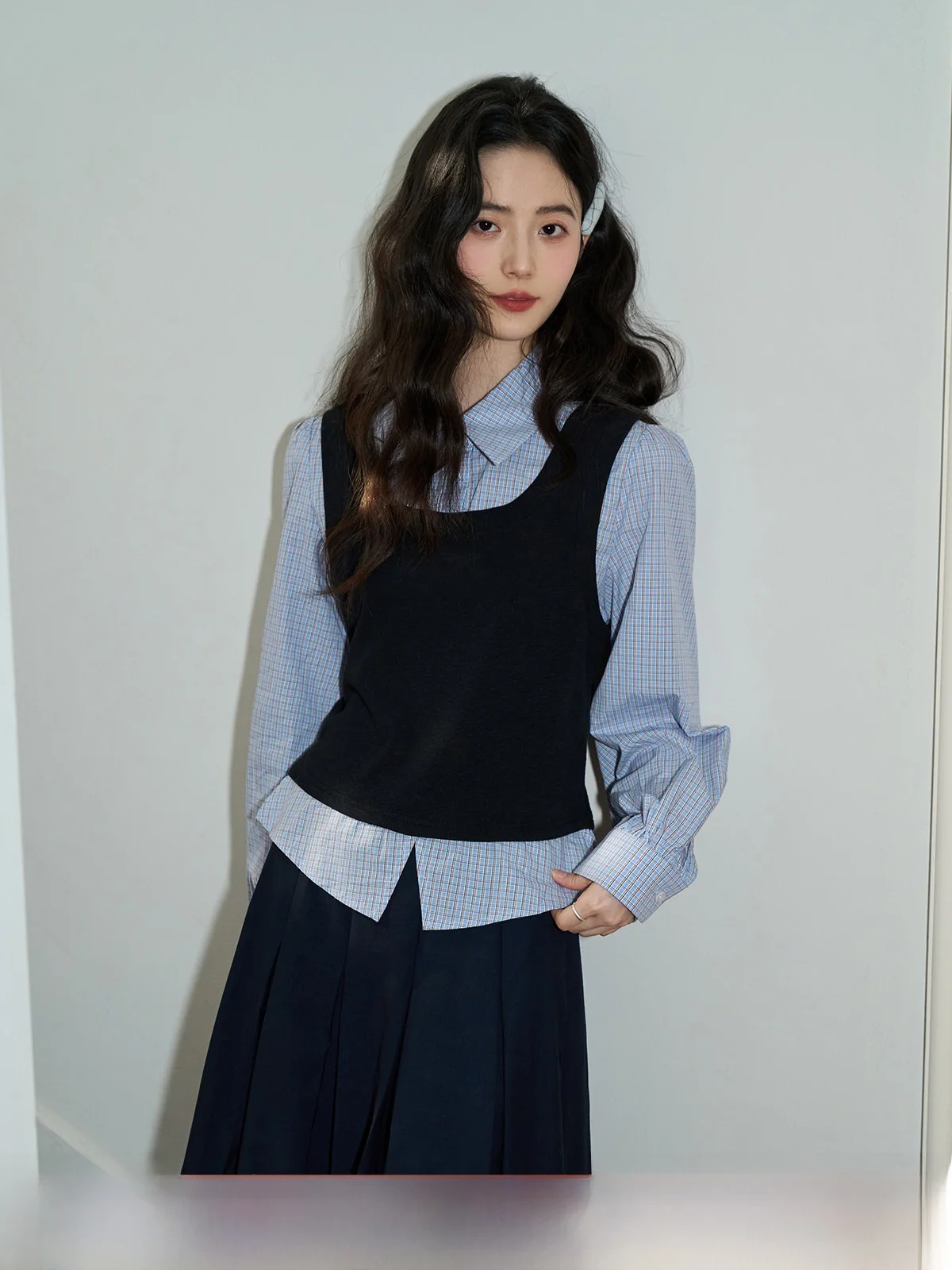 

Bla Collar Plaid irt Women's ort Sve Long Sve Spring 2026 Slim Fit Ele Pattern Splicing Cotton Blend irt