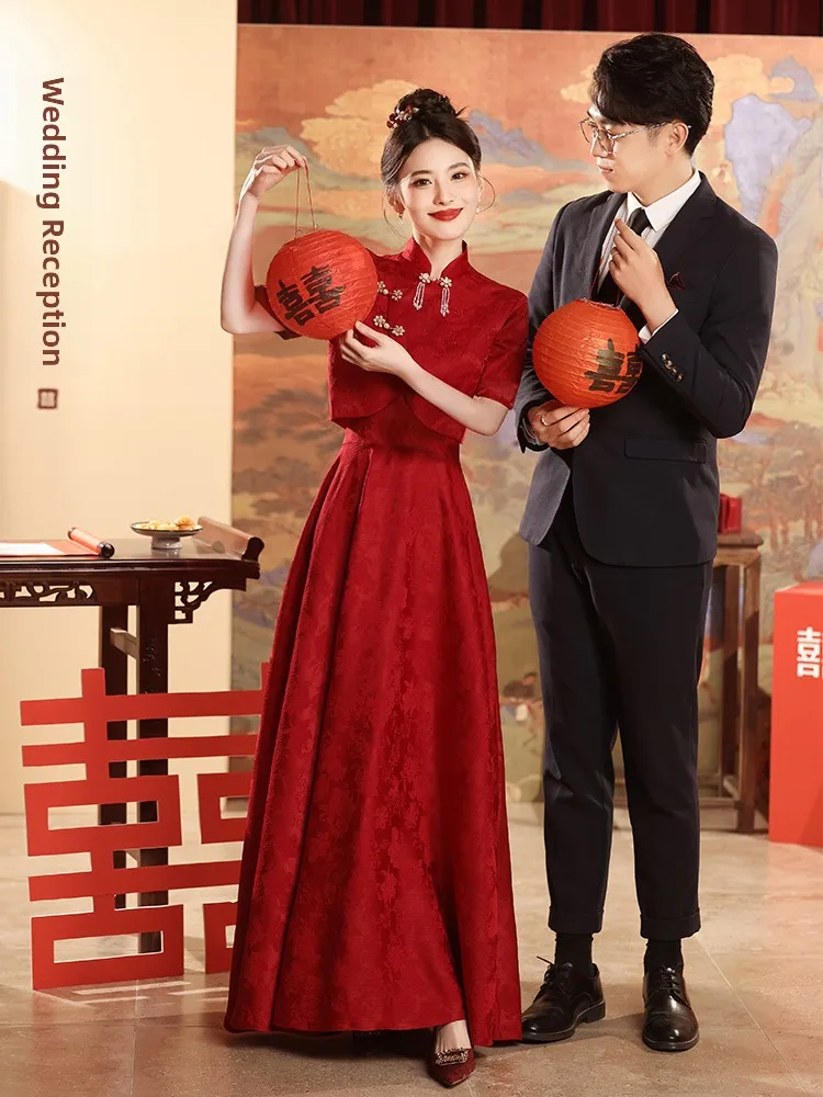 

Red Wedding Dress Suit Female New Bride Chinese Style Engagement Return Home Ceremony Long Sleeve A-Line Skirt