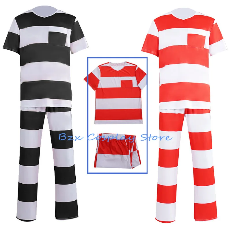 Disfraz de prisionero para mujer, Tops a rayas de manga corta para Halloween, pantalones largos con cintura elástica, trajes para fiesta, Cosplay, 2025