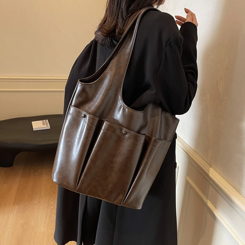 حقيبة كتف للنساء سعة كبيرة حقيبة تحت الإبط من جلد البولي يوريثان مع جيوب حقيبة هوبو بلون سادة حقيبة تسوق للسفر للعمل اليومي #5