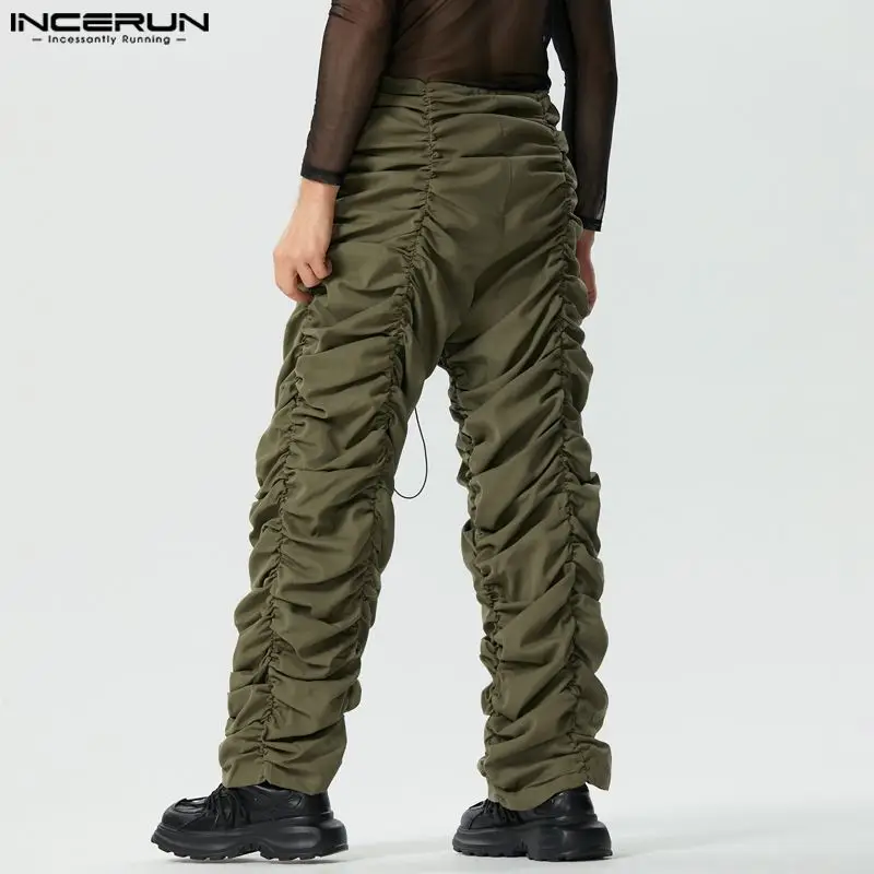 INCERUN 2023 American Style Men\'s Pantalons Fashion Drawstring Design Trousers Casual Streetwear Solid Pleated Long Pants S-5XL