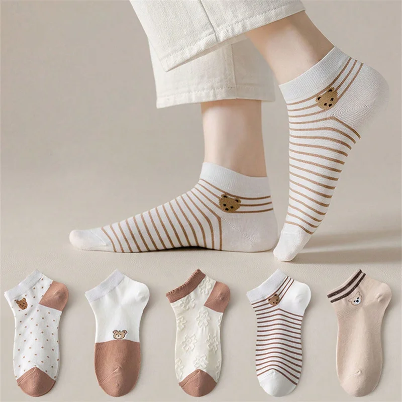 

5pairs/Pack Spring Autumn Cute Cartoon Bear Print Socks Trendy Striped Breathable Comfortable Short Socks