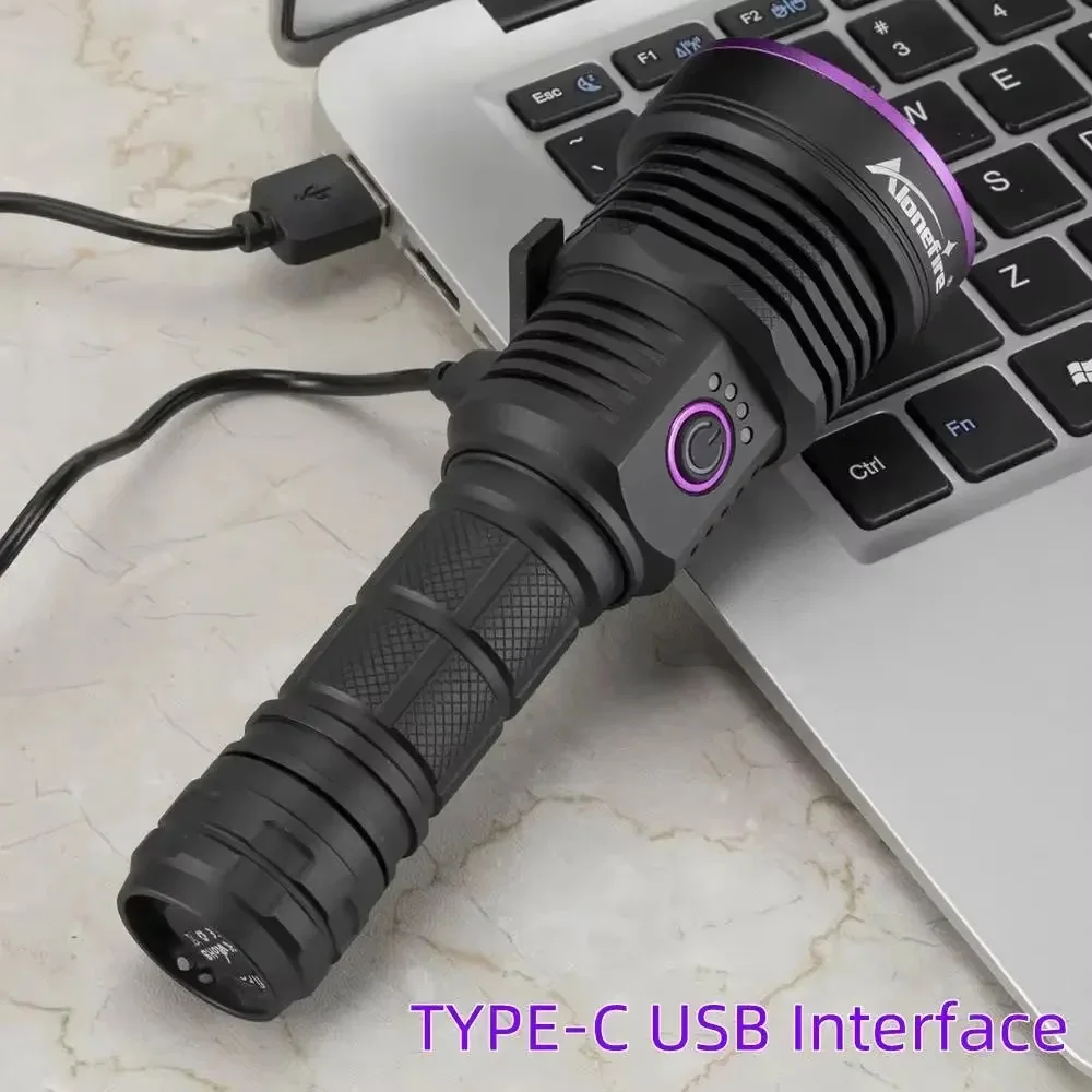 Alongfire Rechargeable Powerful UV Flashlight 3x365nm 60W Violet Torch Light by 21700 Battery for Urine Detector Power Bank