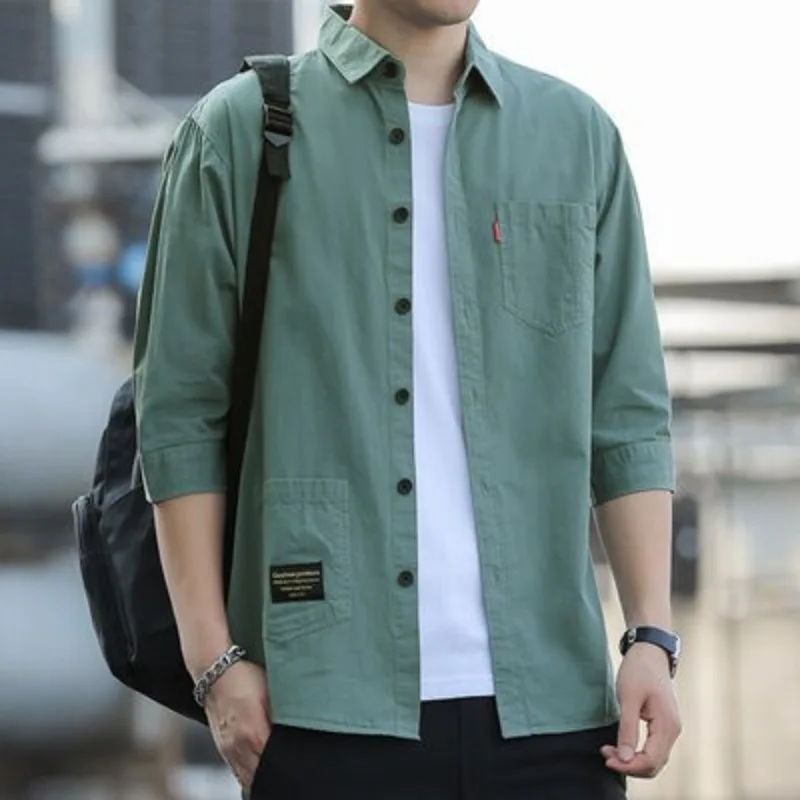 Summer Men Shirt Loose Fit 3/4 Sleeve Cargo Shirt Casual Workwear Button Down Shirts Korean Style Trendy Top Male