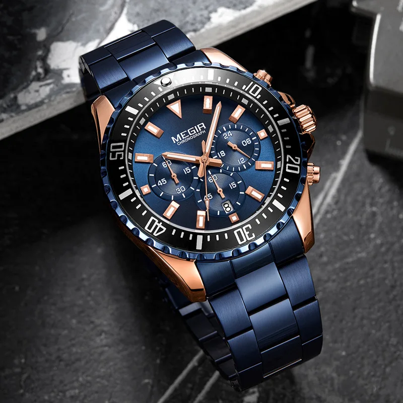 ジャイアント-メンズビジネスリストウォッチ、ステンレス鋼、防水、発光、クロノグラフ、クォーツ、3つ目、スポーツ、2064