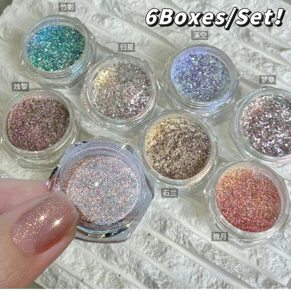 6 scatole/set polvere glitter per unghie super brillante 0,4 g/barattolo camaleonte Aurora Sparkle Diamond manicure polvere cromata pigmento glitter fine