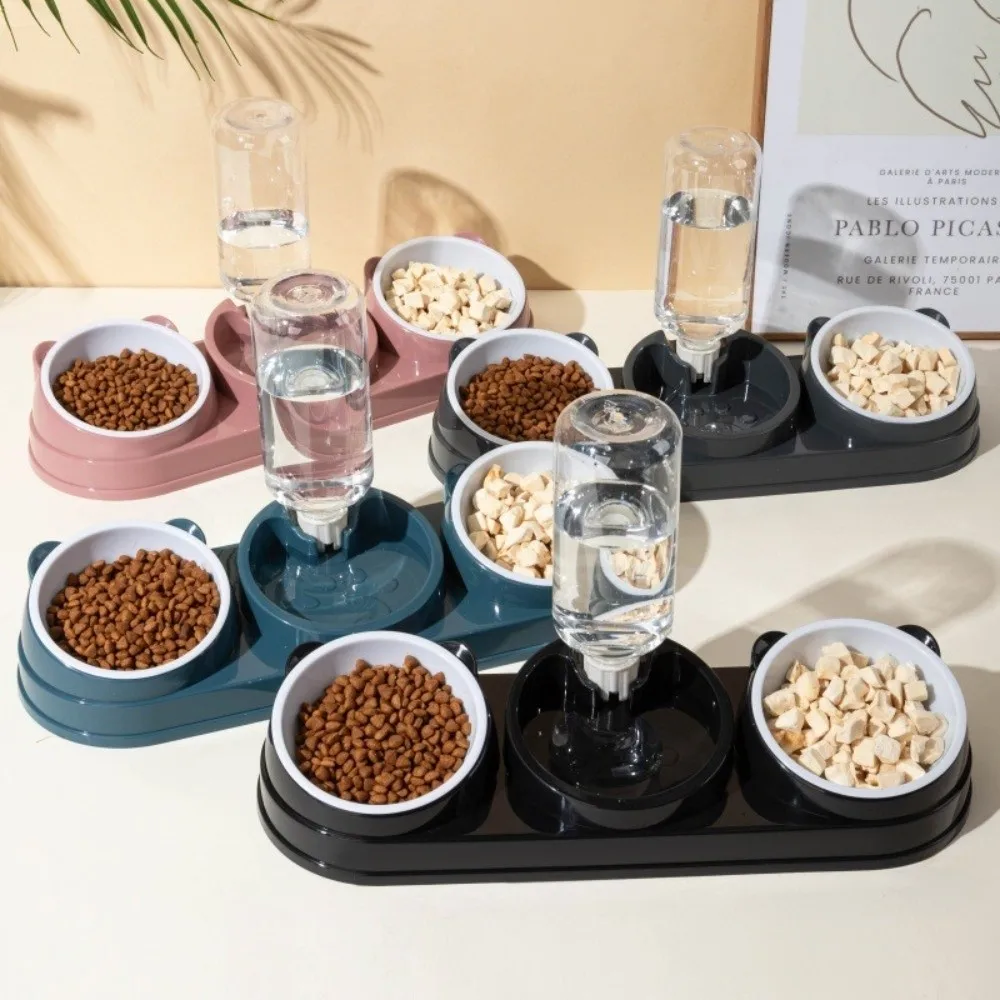 Pet Supplies 15 Degrees Raised 3 in 1 Cat Feeder Double Bowl Neck Protection Automatic Water Dispenser Pet Food Container Cat