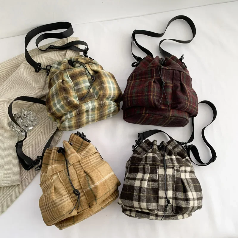 Drawstring Plaid Woolen Fashionable Youth Women's Crossbody Bag Casual Women's Handbag 2024 High-quality Commuting Shoulder Bag