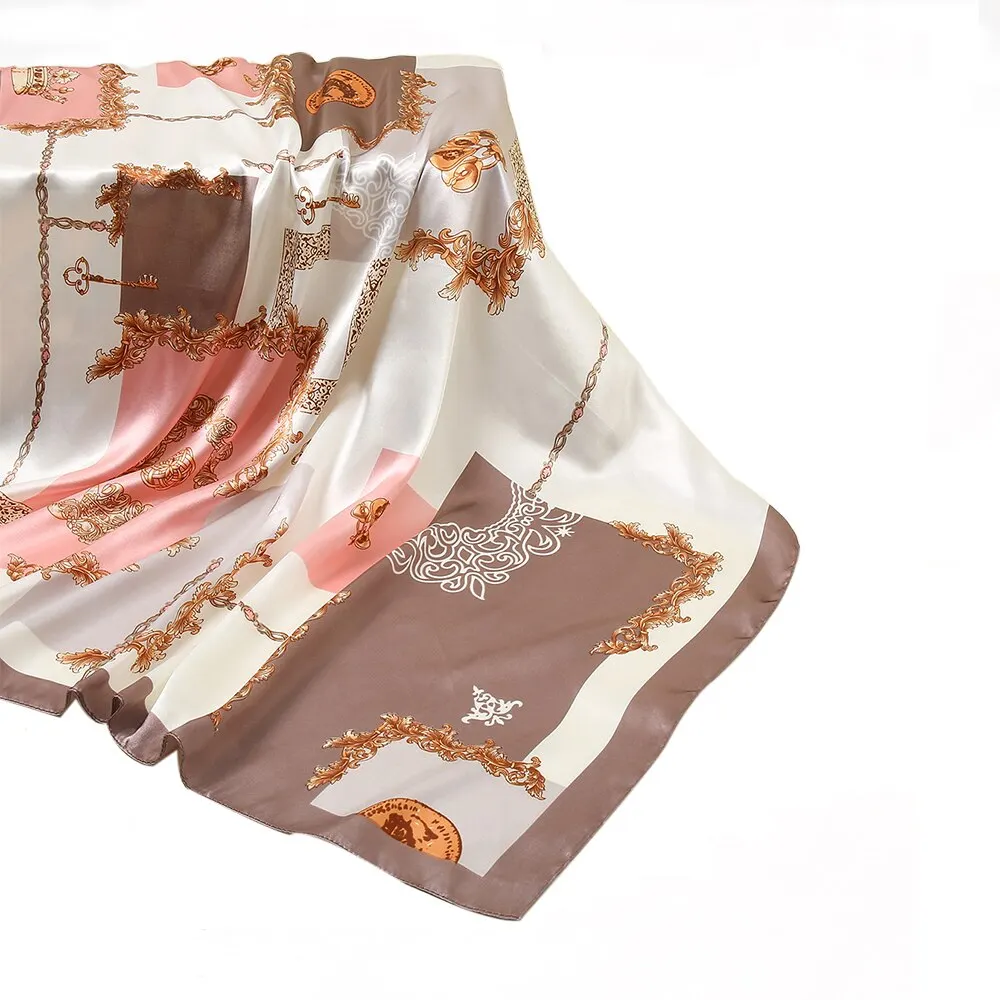 Fahion Satin Silk Square Scarf Vintage Print Design Women Muslim Hijab Headband Newest Hair Band Kerchief 90*90cm