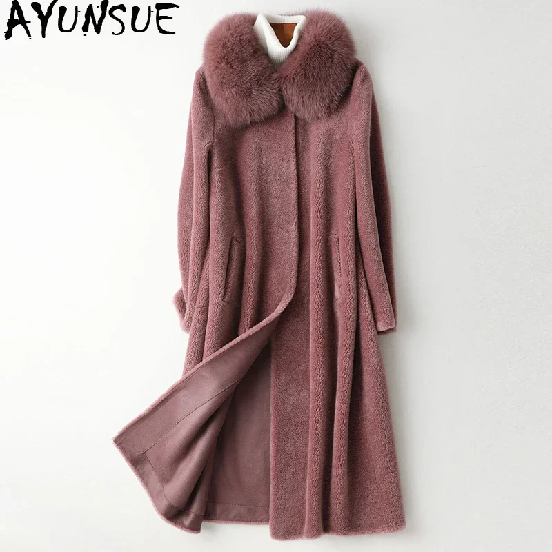 

AYUNSUE Winter Jacket Women Sheep Shearling Fur Coat Female Fox Fur Collar 100% Wool Coats Korean Long Jacket Manteau Femme MY