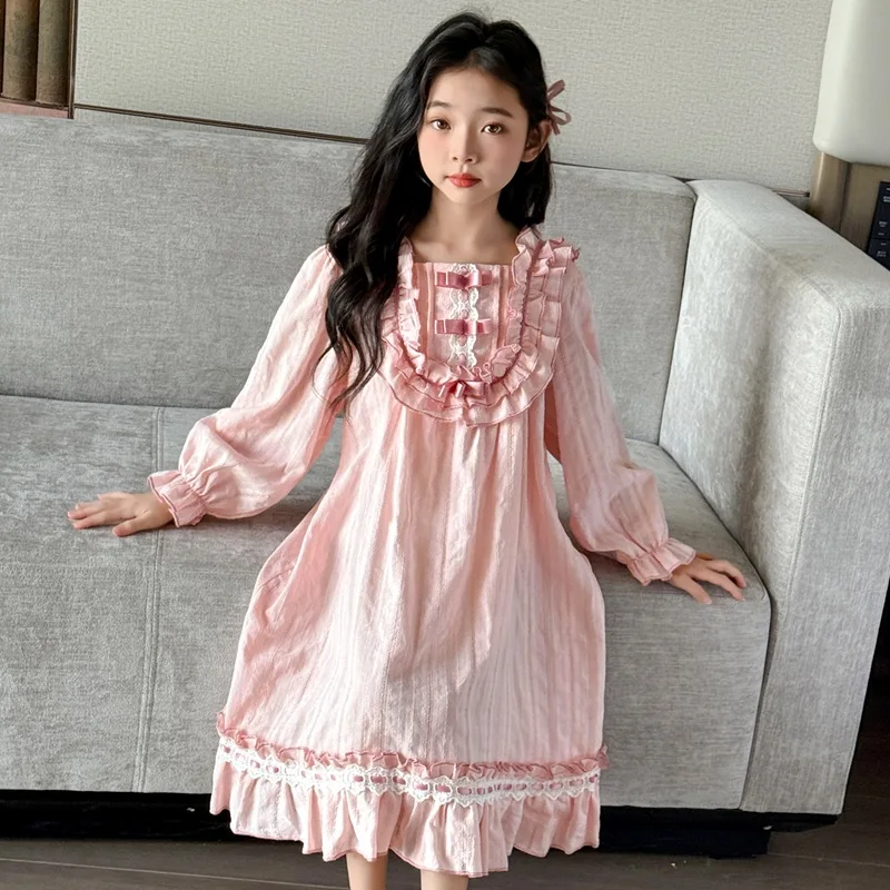 3-14Y Girls Nightgowns Puff Long Sleeve Sleepwear Sweetheart Nightgowns Cotton Sleeping Skirt Sleepwear Princess Nightdress  123