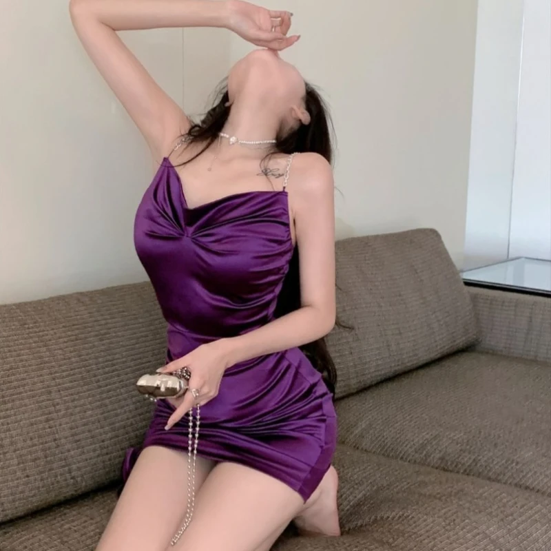 Bodycon Spaghetti Strap Short Dress Women Summer Seductive V Neck Purple Waist Tightening Slimming 2026 New Arrival