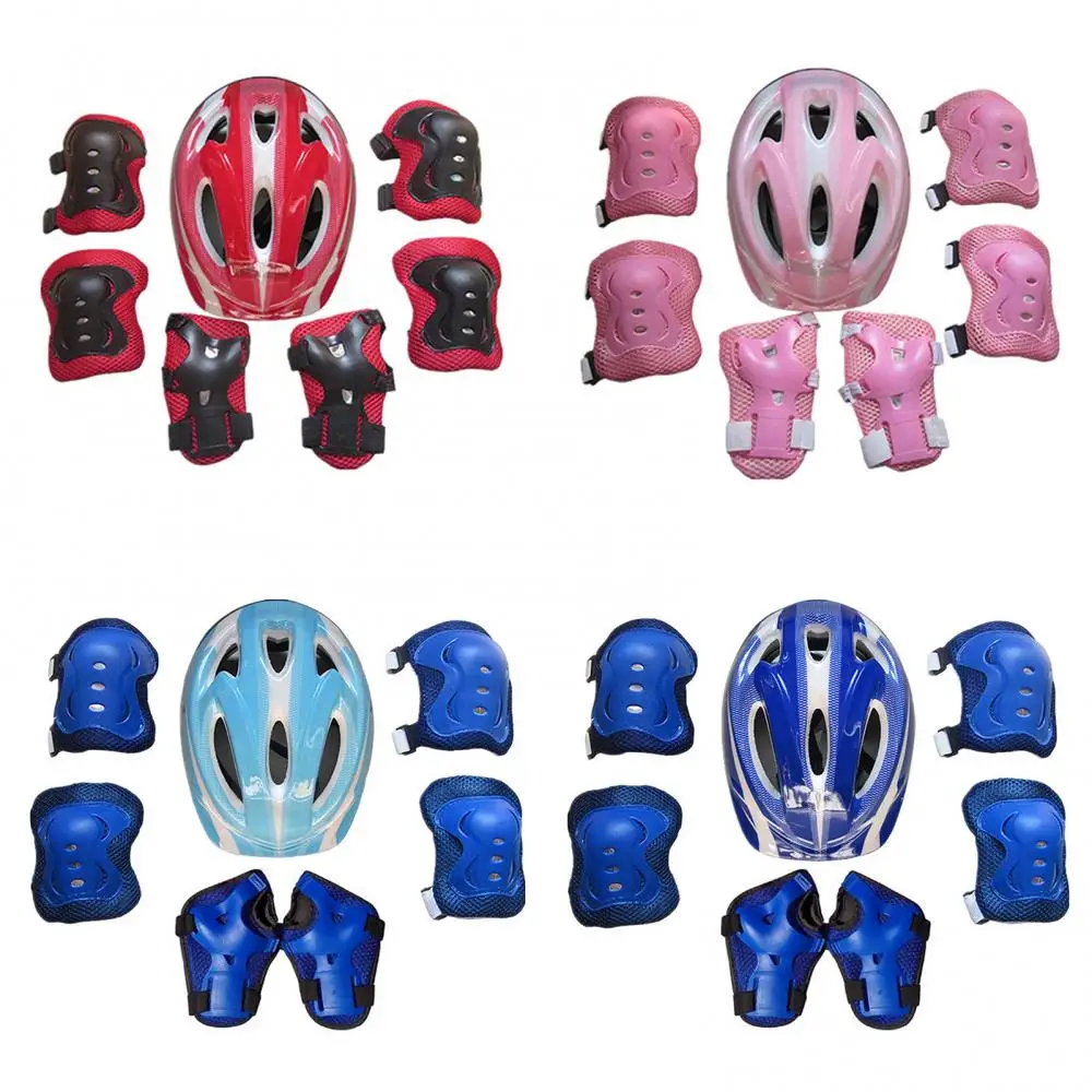 7pcs Children Skating Protector Set Comfortable Shockproof Bike Safety Helmet Knee Elbow Wrist Guard Pad Set for 4-16 Kids