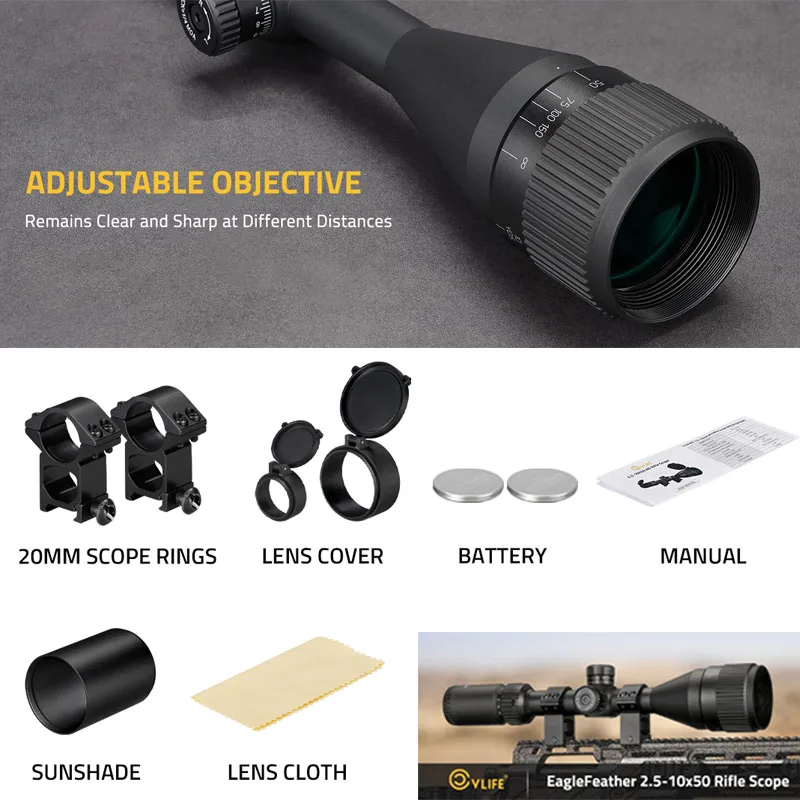 

EagleFeather 2.5-10X50 Medium Range Scope - Red/Green Illuminated Mil-Dot Reticle & Front Parallax Adjustment for Optics