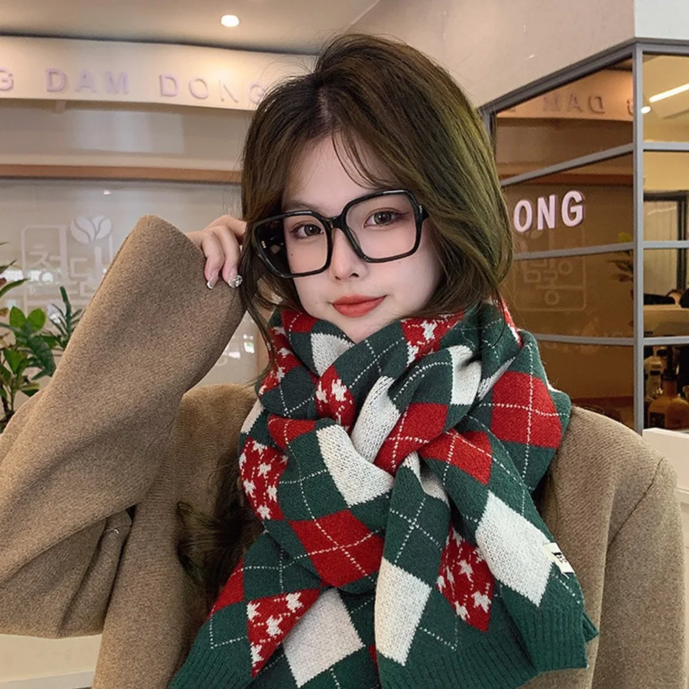 New Plaid Knitted Scarf For Women Christmas Warm Scarf Casual Versatile Cold Proof Wool Shawl Autumn Winter Neck Shawl Fashion