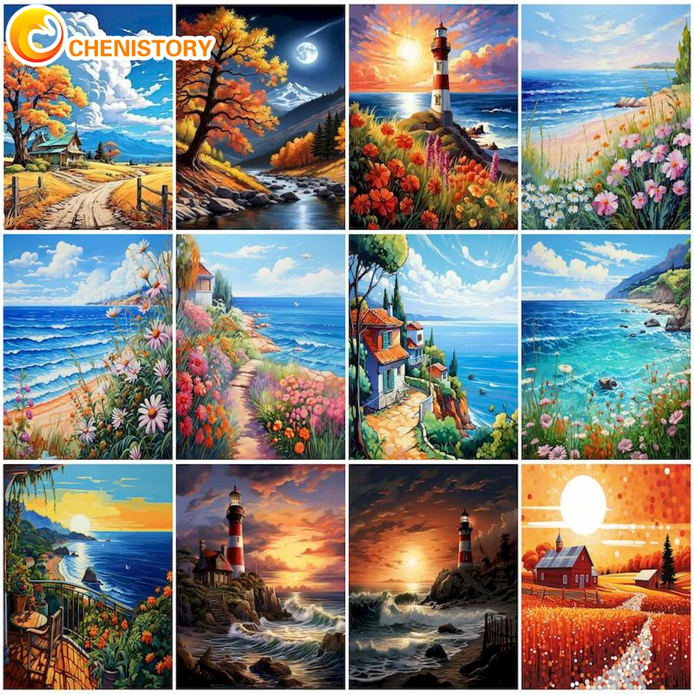 CHENISTORY Focus Pictures By Numbers Complete Kit Seascape Oil Painting By Numbers Kits DIY Drawing Canvas HandPainted Home Deco