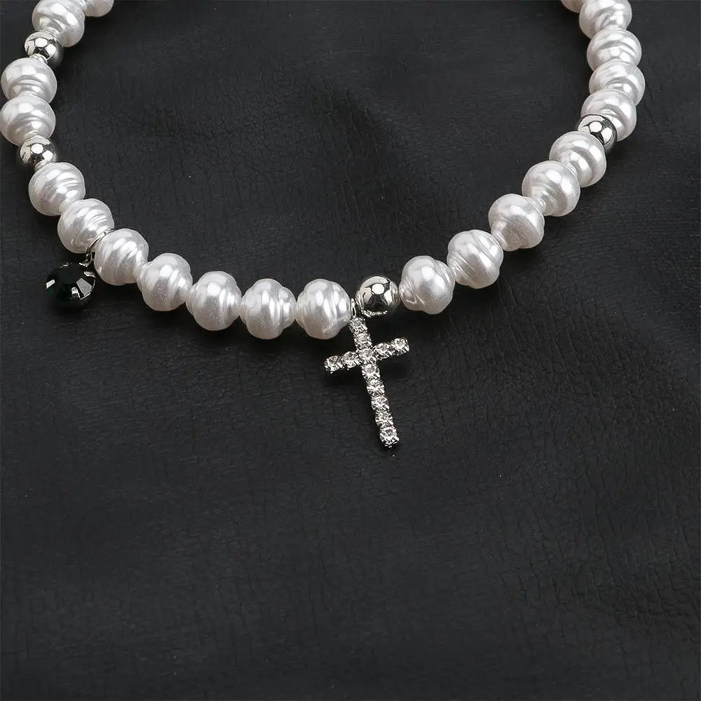 Vintage Pendant Crystal Cross Fashion Neck Jewelry Simulated Pearl Korean Style Necklace Woman Clavicle Choker