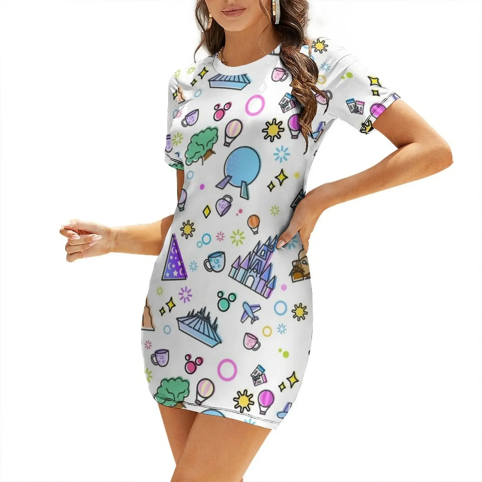 

Meet me at my Happy Place Pattern. Happiest Place on Earth. Florida Orlando Icons. Ferris Wheel Theme Park. Short-Sleeved Dress
