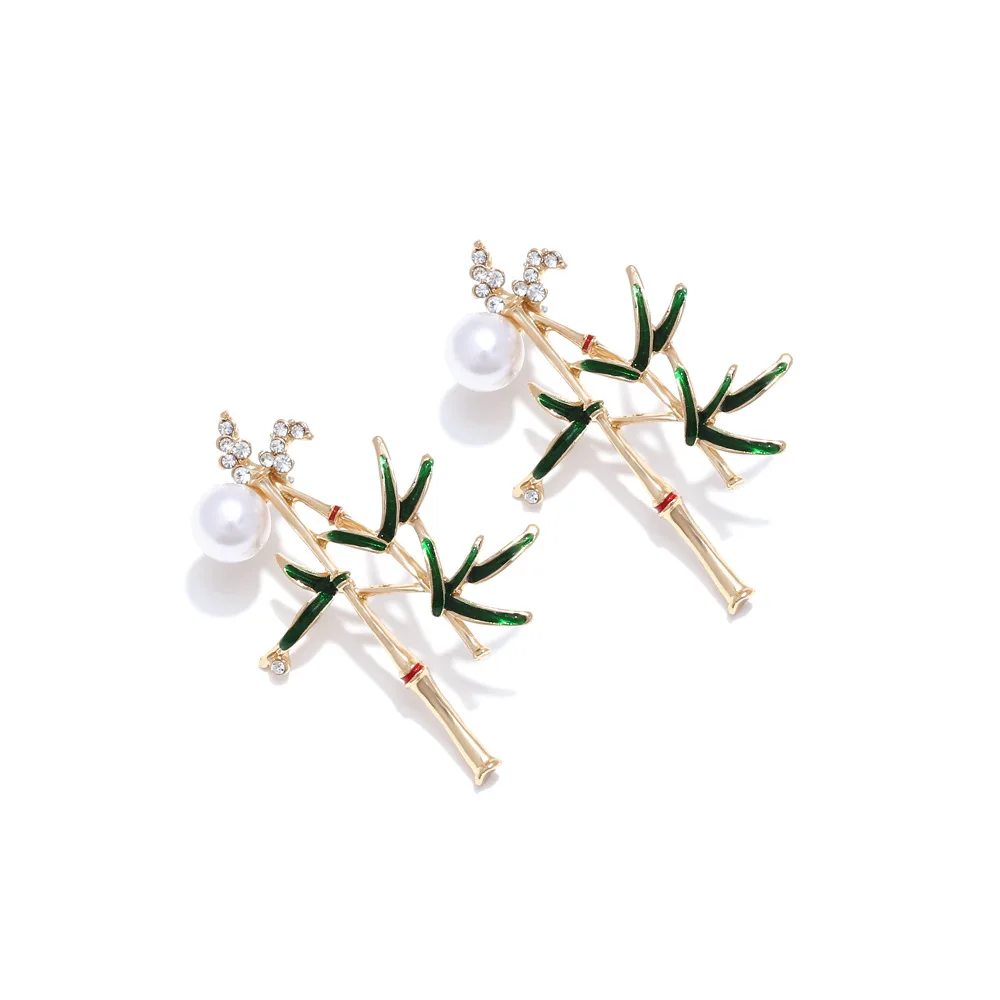 National Style Super Immortal Mori Bamboo Earrings Women's Retro Creative Oil Drip Diamond Bamboo Leaf Stud Earrings Elegant Han