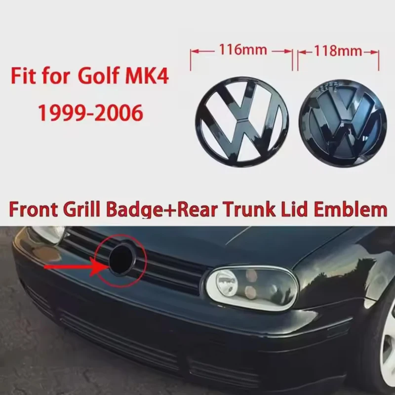 

For Golf 4 MK4 1999-2006 116mm Car Front Grill Badge + 118mm Rear Trunk Lid Emblem Car Logo Auto accessories