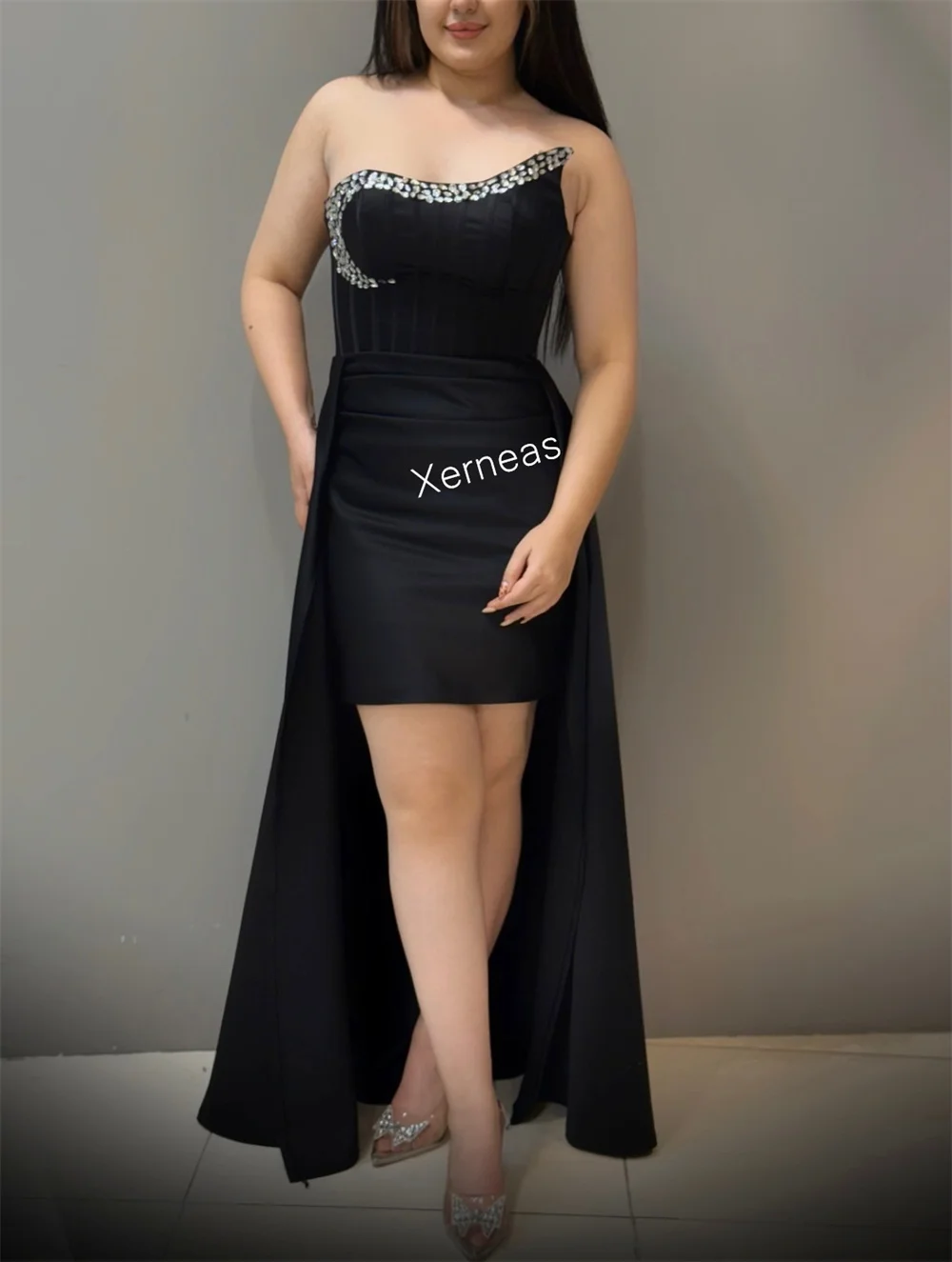 Customized Charmeuse Rhinestone Chic Strapless Straight Black Short Dresses Bespoke Occasion Women Evening Party Glitter