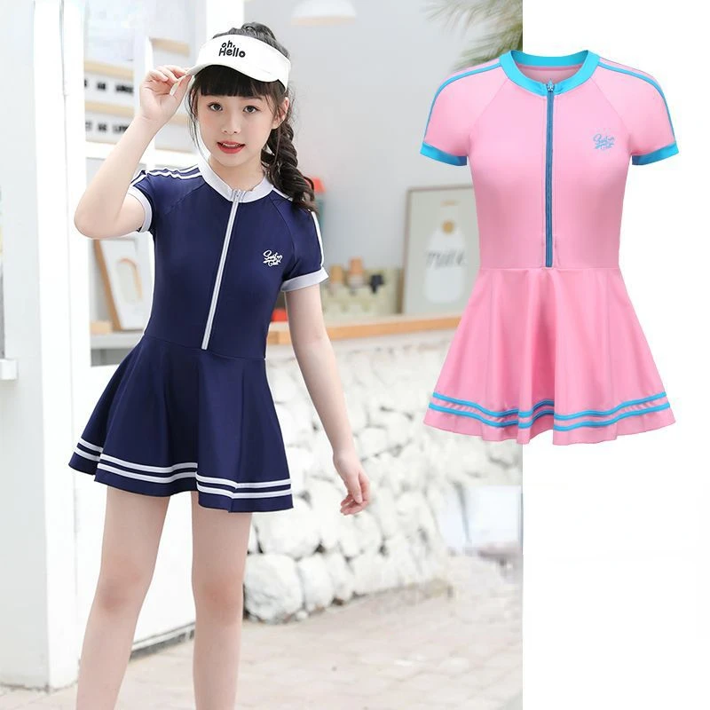 Costume da bagno intero per bambini, ragazza adolescente, manica corta, coreano, abito da allenamento professionale per il nuoto, costumi da bagno