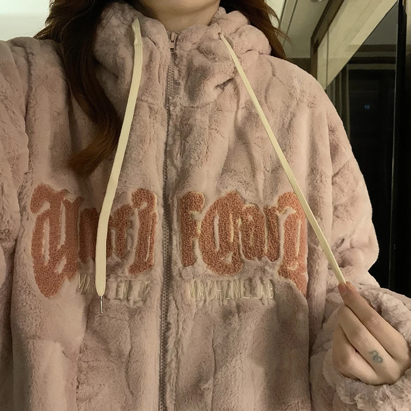 

Vintage Lamb Wool Plush Hoodie Women 2024 Autumn Winter New Coat Thickened Sweatshirt Loose Female Cotton-padded Coats