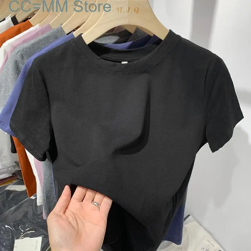 

New Solid Cotton T Shirts for Women Summer Short Sleeve O Neck Slim Elegant Tee Shirts Ladies Chic Casual Tops