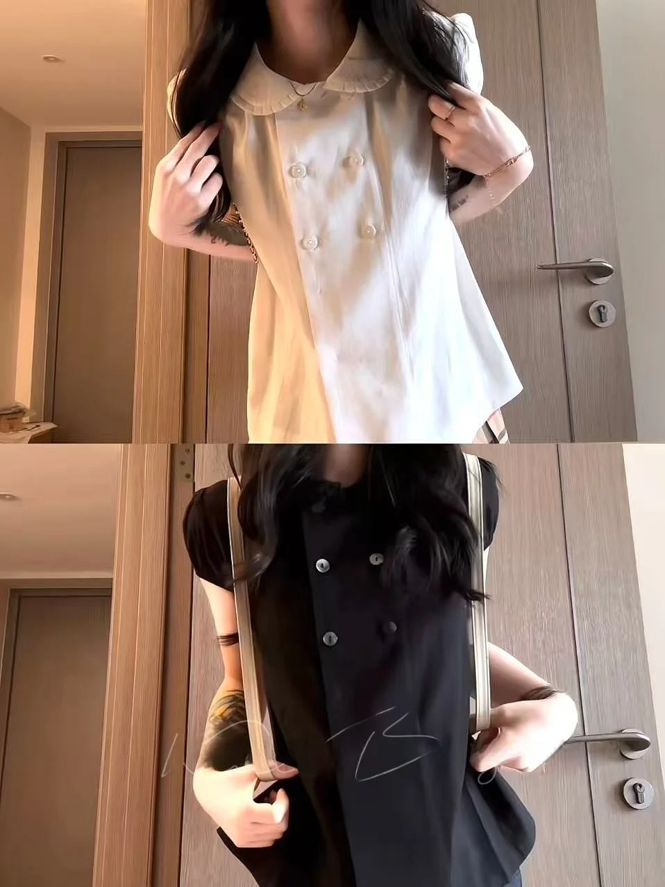 

Spring Summer New Style Women's Puffy Collar Shirt Double Row Buttons Pleated Loose Slimming Top Gentle Sweet