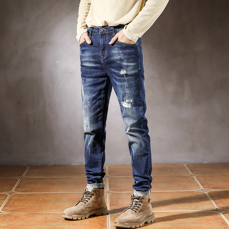 

JXN833 High-quality tide scrape casual trousers men's Slim small feet elastic hundred vintage blue fashion