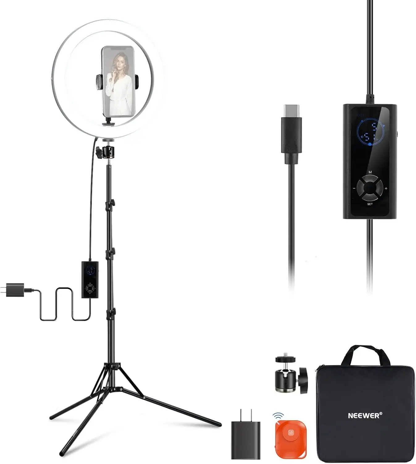 

12" 24W High Power LED Ring Light with 71" Tripod Stand Phone Holder Compatible with iPhone for Video Recording Makeup S