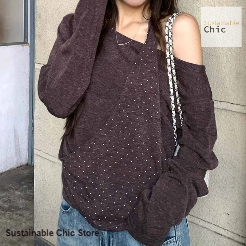 French niche chic temperament long-sleeved T-shirt female autumn new loose fashion design atmosphere off-the-shoulder dress