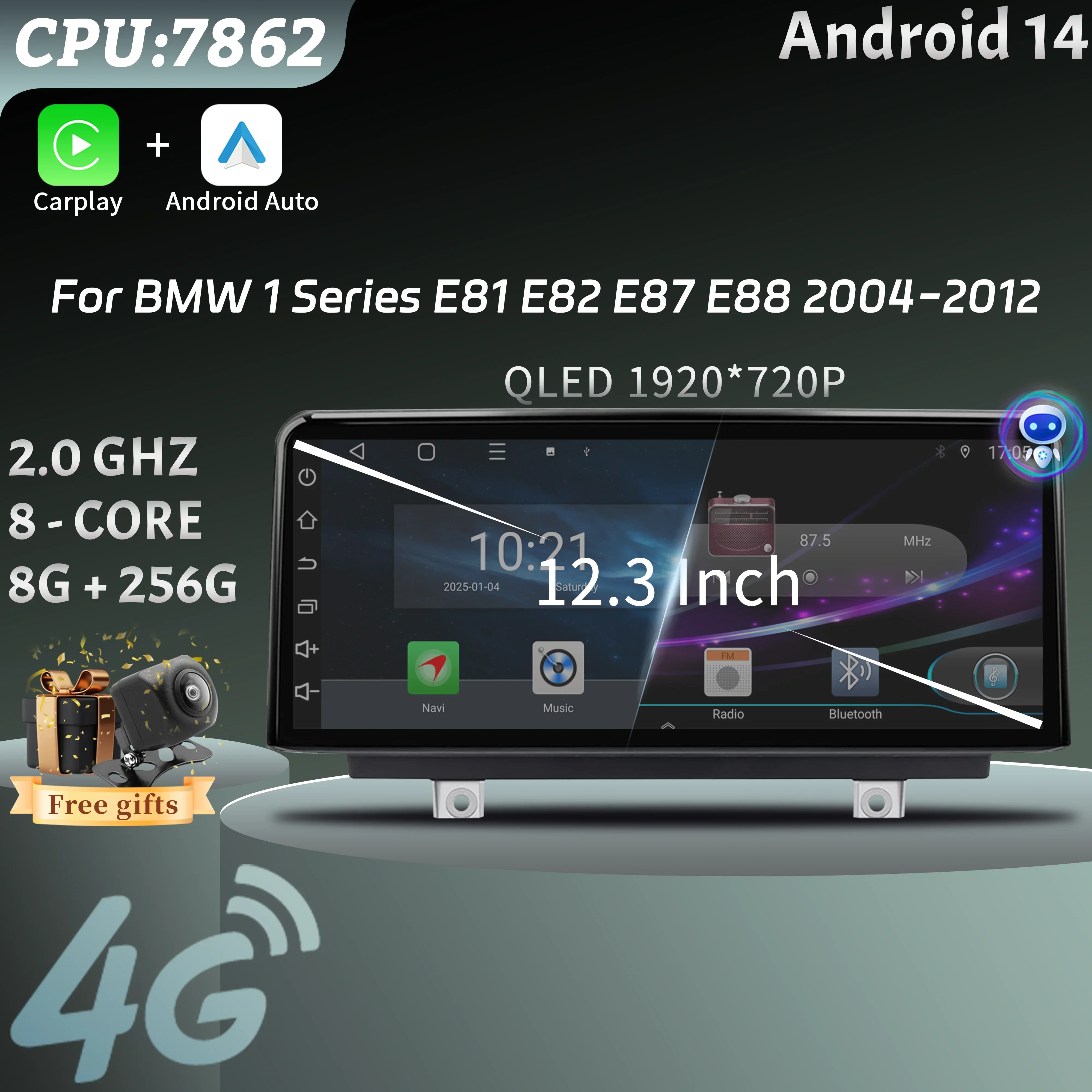 

12.3inch For BMW 1 Series E81 E82 E87 E88 2004-2012 Android Auto Radio Wireless Bluetooth Carplay Multimedia Touch Screen Stereo
