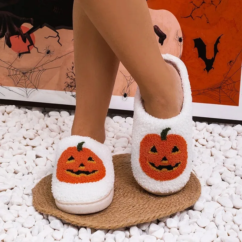 Unisex Halloween Pumpkin Face Plush Slippers, Orange Black Lantern Warm Fluffy House Slides Non Slip Sole Holiday Party Shoes