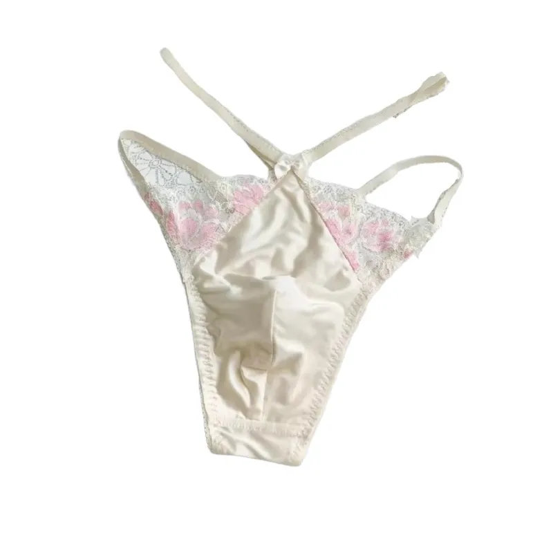 Man's Thin Strap Lace Thong Bikini Panties Sexy Silky Touch Low Waist Bow Briefs