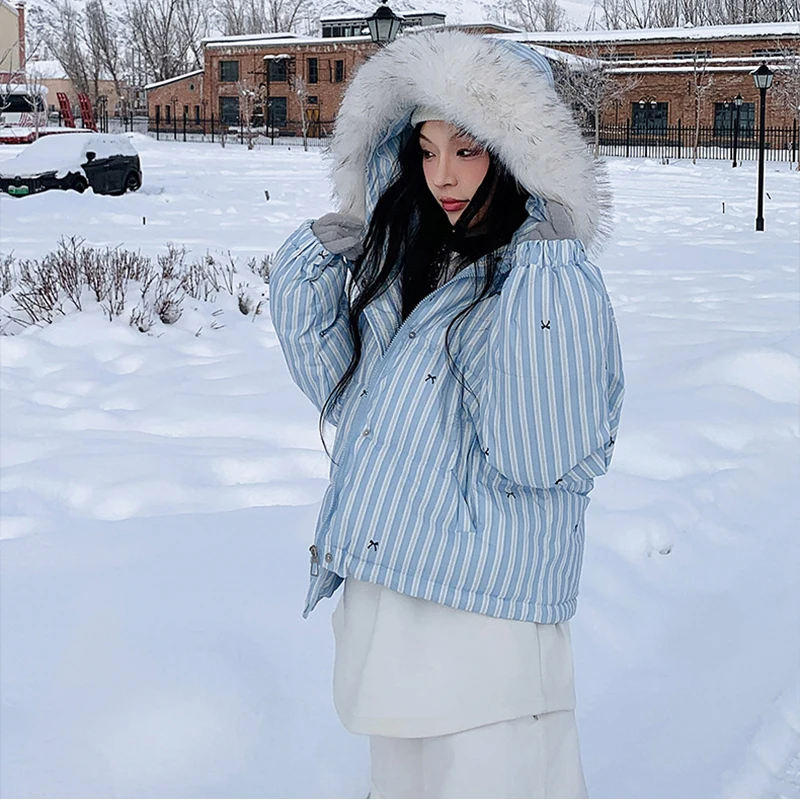 Women's Winter Big Fur Collar Hooded Cotton Jacket Korean Fashion Bow Printed Cotton-Padded Coat Casual Thickened Warm Outerwear