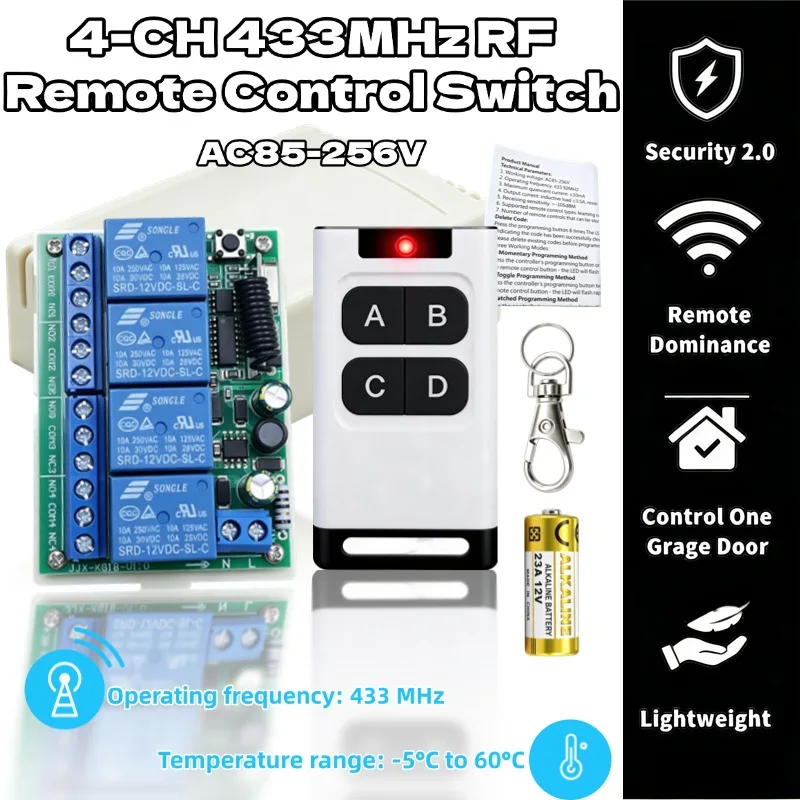 AC220V 10A 4CH Wireless Remote Control Switch Relay Receiving Module and 4-channel RF433MHz Remote Control Transmission