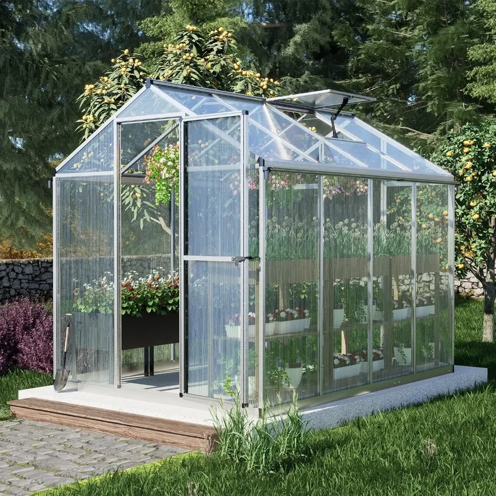 

6' x 8' Walk-in Polycarbonate Greenhouse with Heavy-Duty Aluminum Frame, 1 Vent Window & Lockable Door for Outdoor, Patio