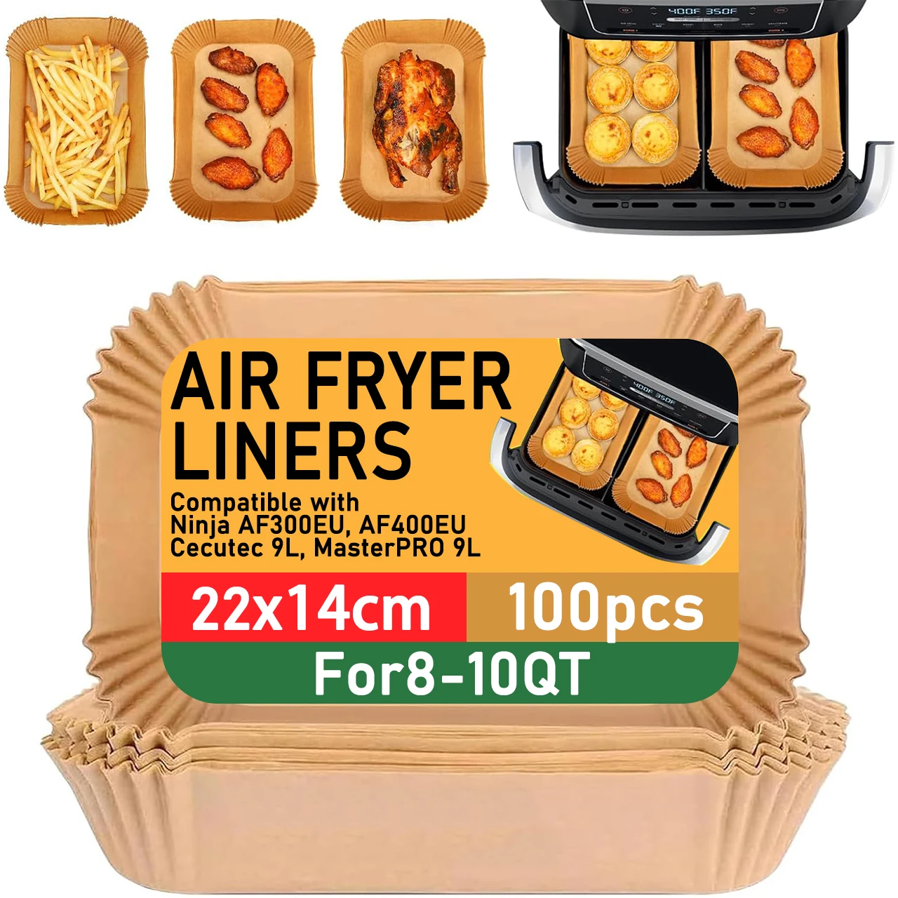 Air Fryer Paper for Dual Zone,100pz 22x14 cm,Disposable Non-stick Paper Air Fryer for Cecotec/Masterpro/Ninja AF300EU/AF400EU
