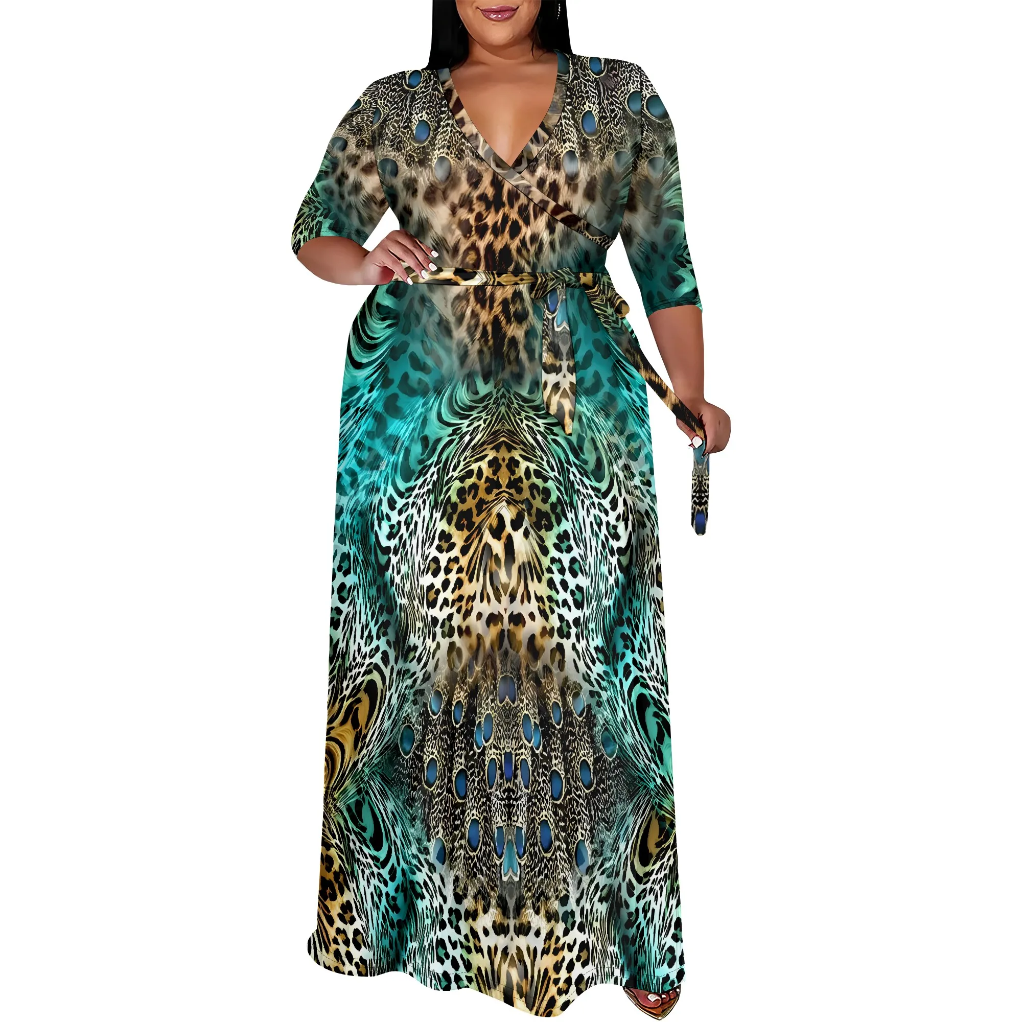 Nupusa プラスサイズ ヒョウ フェザー プリント ラップ マキシ ドレス 女性用 V ネック 3/4 スリーブ タイ ウエスト エレガントな秋の服装
