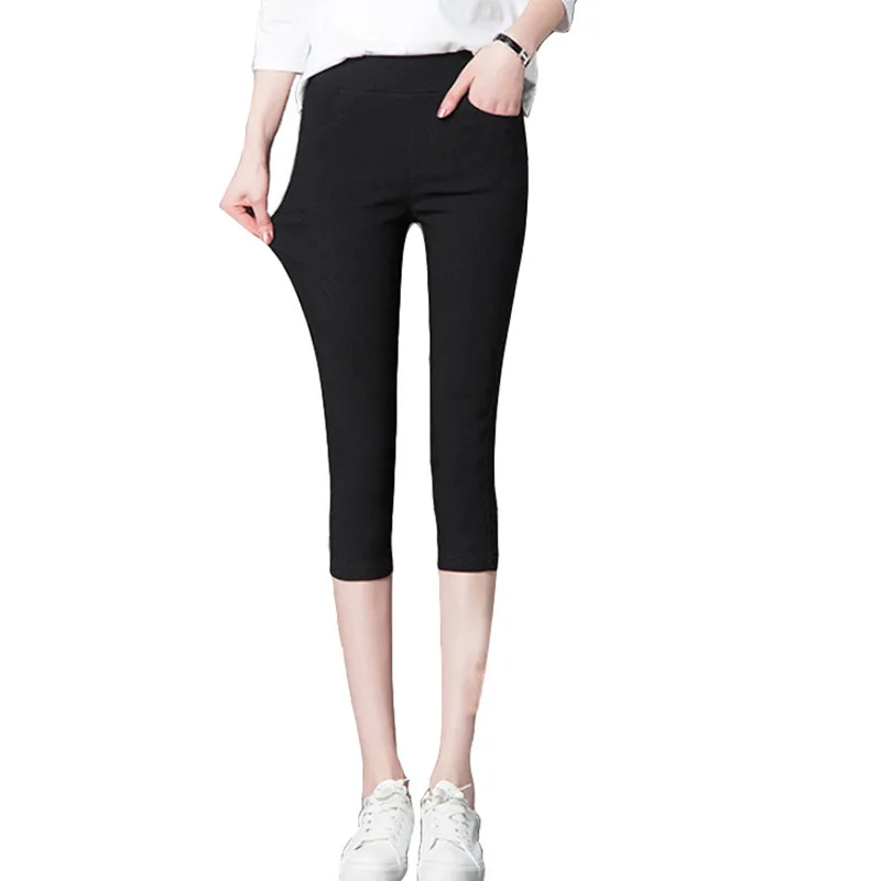 Large Size Breeches Women Summer Black White Leggings Cotton Skinny Stretch Trousers Casual Knee Length Capris Pants 5XL 6XL