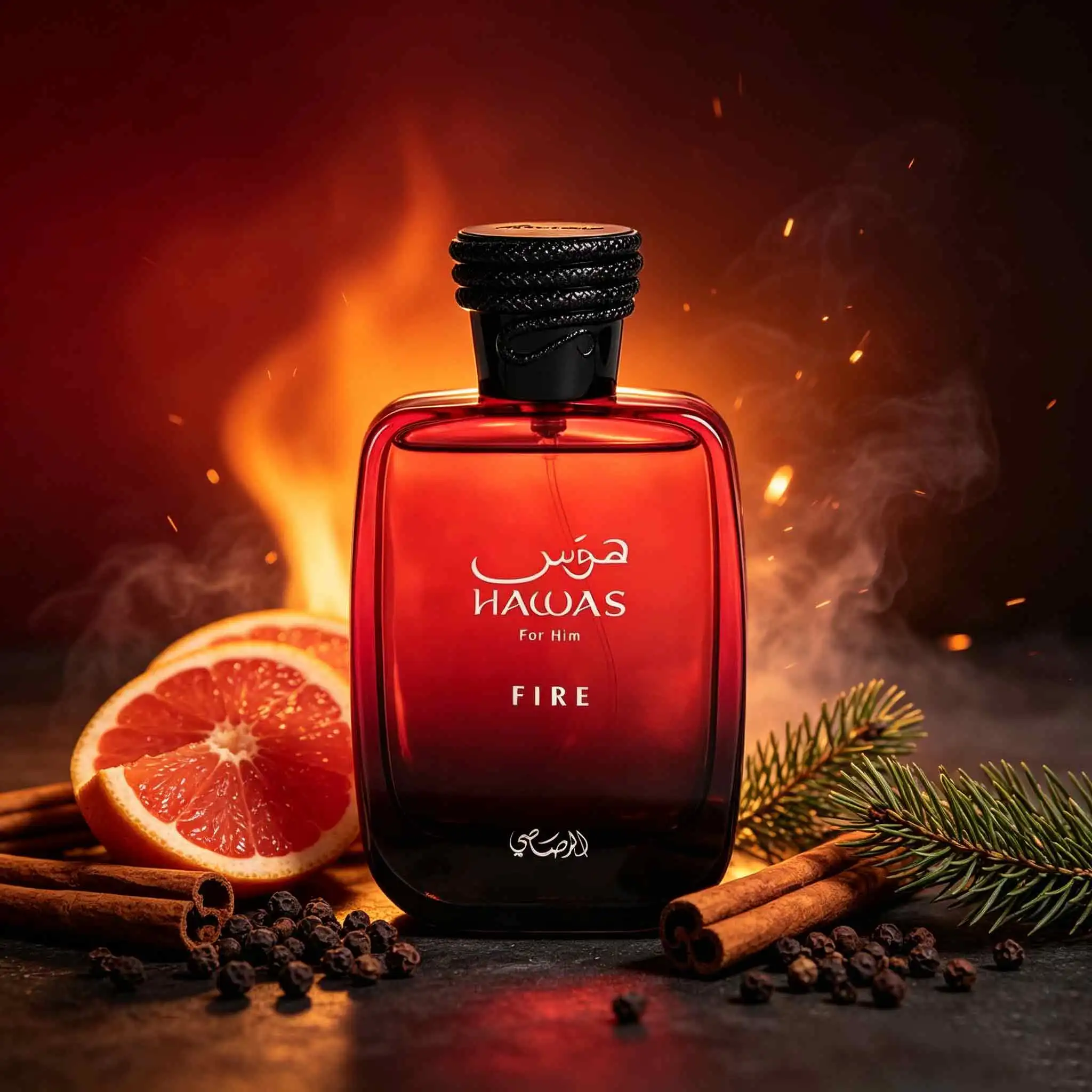 Hawas Fire For Him Perfume 100Ml, Must‑Have Party Scent For Fall‑Winter, Bergamot Fruity Blends Blazing Spice, Tobacco Leather Amber Finishes, Fiery‑Red Vibe, Fully Build Passionate Uninhibited Gentleman Temperament.